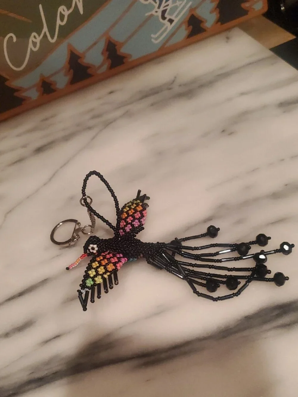 Handcrafted Rainbow Beaded Bird Keychain- Black Accents